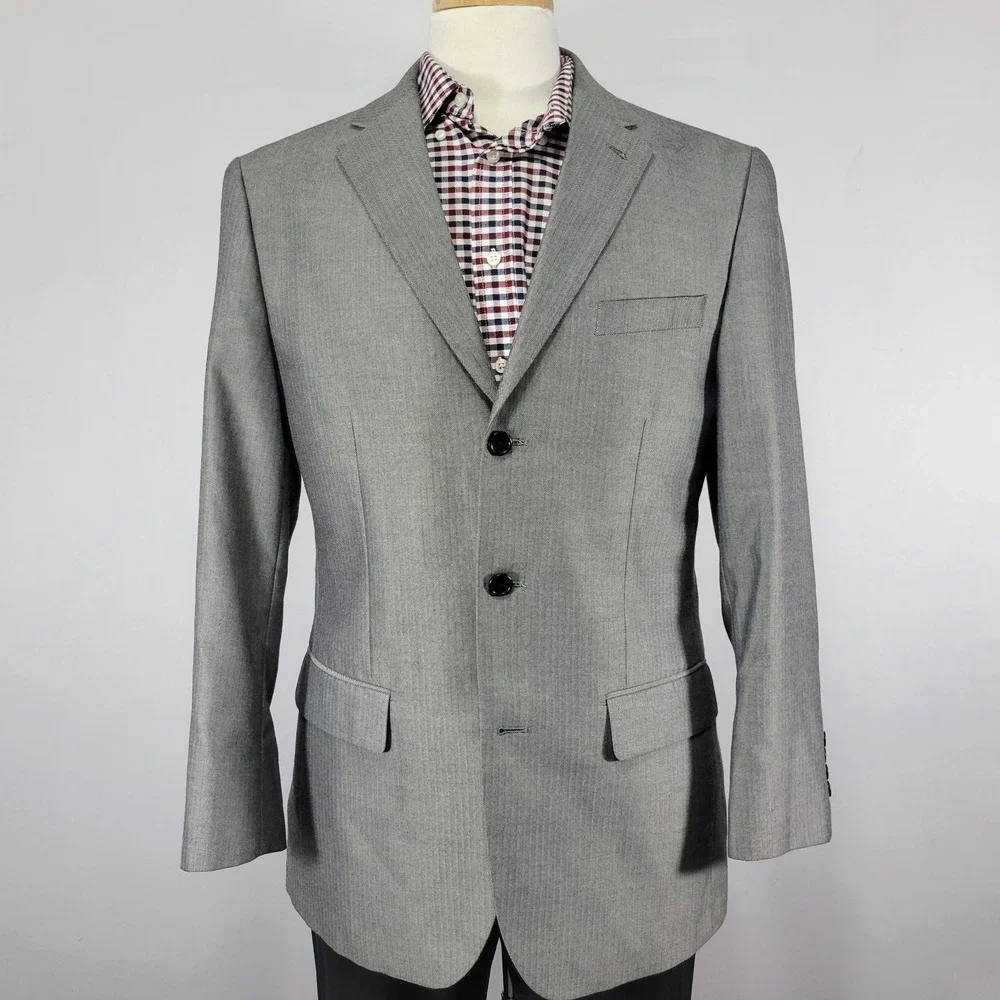 Stafford Essentials Men's Sport Coat Blazer Three Button Gray Herringbone 40R